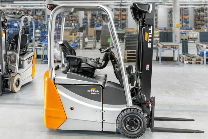 Compact electric forklift rental for warehouse use at O.rentals Dubai