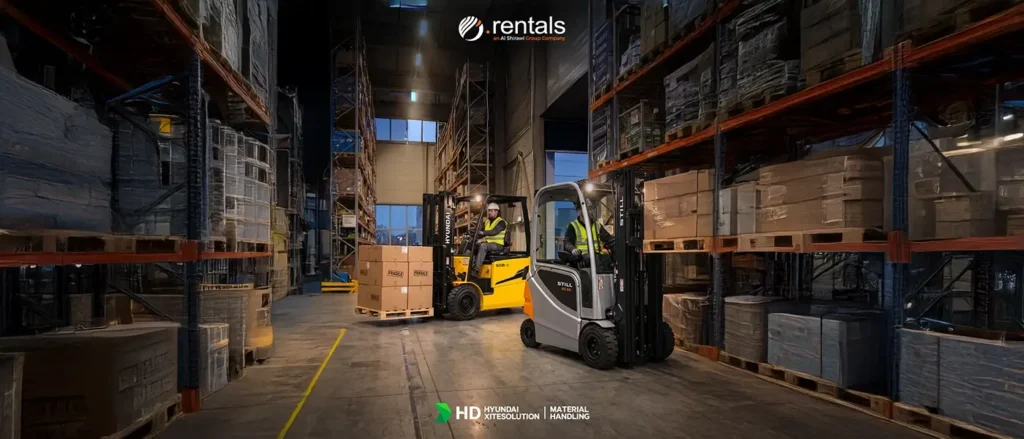 Forklift rental in Al Quoz warehouse operated by trained staff for material handling