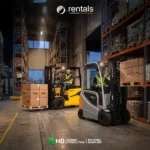 Forklift rental in Al Quoz warehouse operated by trained staff for material handling