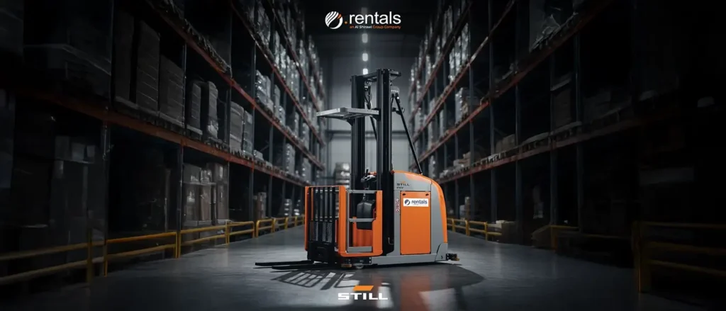Reach truck lifting a pallet into high-bay warehouse racking in a narrow aisle