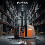 Reach truck lifting a pallet into high-bay warehouse racking in a narrow aisle