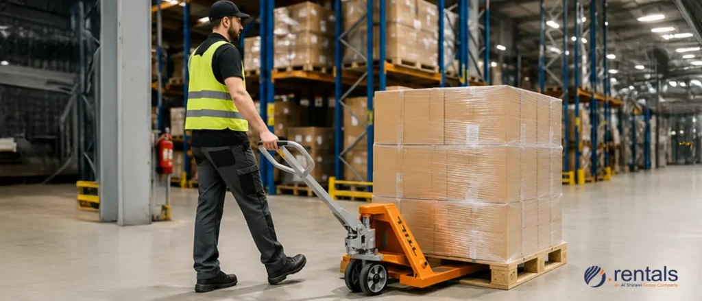 Hand pallet truck rental in Dubai warehouse